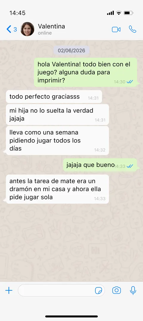 Conversación de WhatsApp con Valentina, mamá de Sofía, contando que su hija ahora pide jugar Matemágicas todos los días